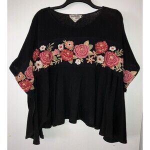 Savanna Jane Women's Top Embroidered Blouse Size S/M Kimono Poncho Black